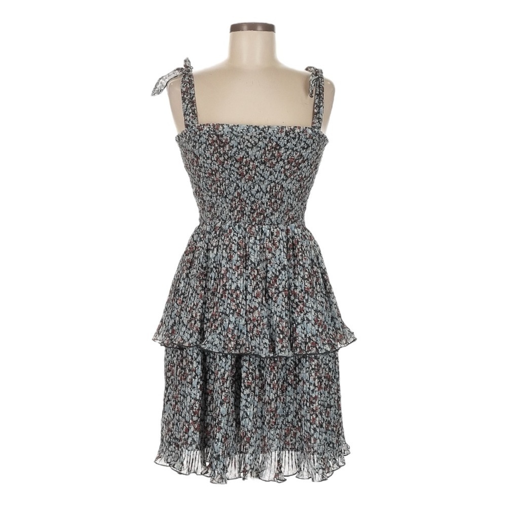 GANNI Printed Pleated Georgette Mini Dress Phantom 36 US 4 Smocked Tiered Floral